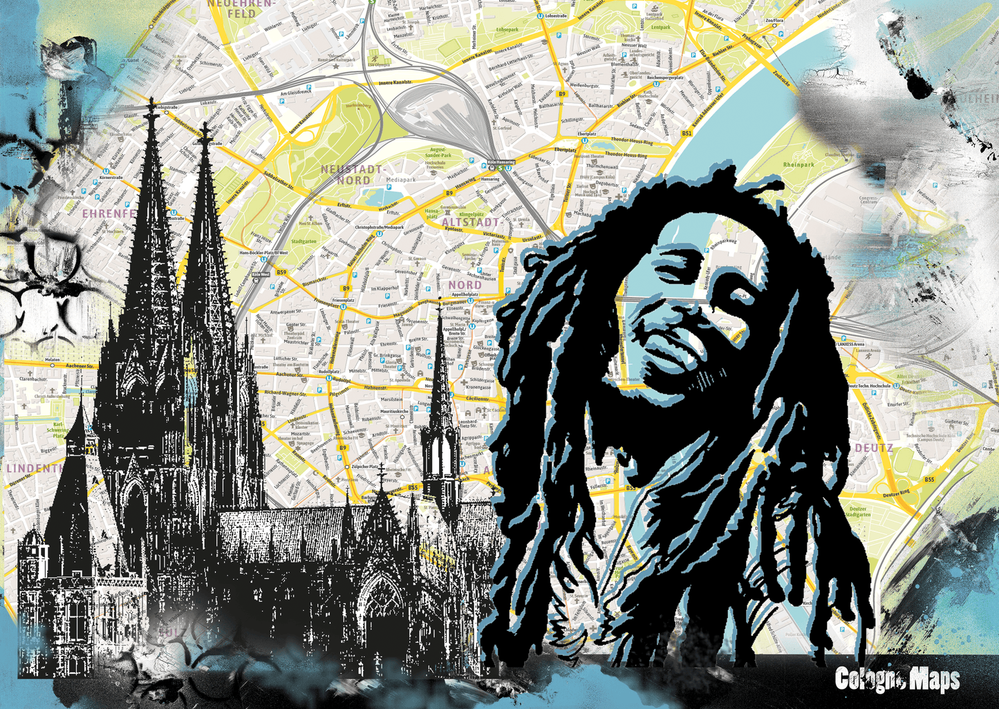 Art City Map "Bob Marley visit Cologne" - GEA.24.41 UNIKAT DINA2